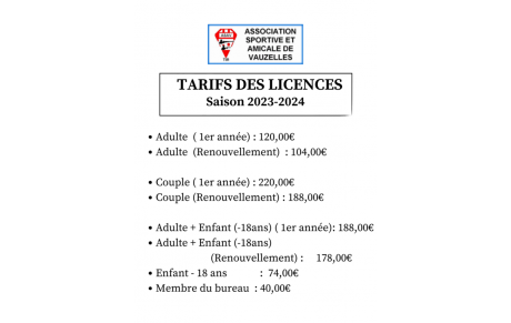 Tarifs Licences Saison 2024-2025